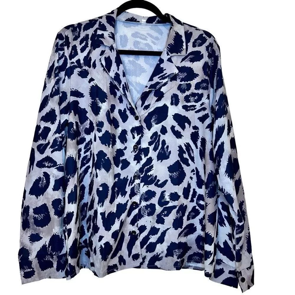 Shein Animal Print Button Front Stretch Long Sleeve Blouse Top Black Gray Large